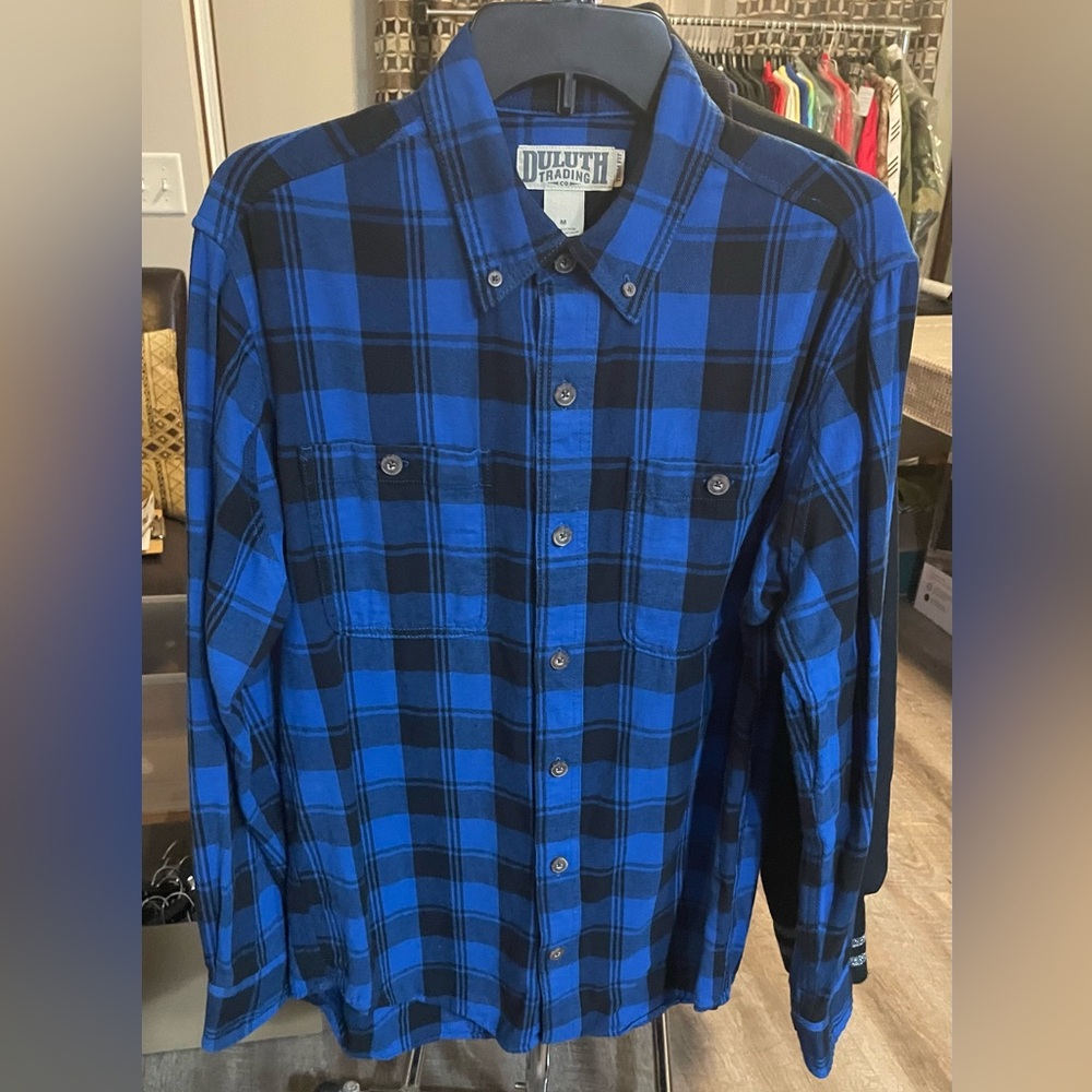 Duluth Trading Company Long Sleeve Flannel Shirt Men’s Medium Blue Black EUC